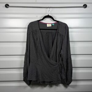 Maeve Anthropologie Polka Dot Wrap Blouse Black White Plus Size 20W Long Sleeve